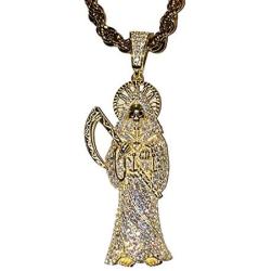 Shop-iGold Men Women 925 Italy Gold Finish Iced Silver Santa Muerte Charm Ice Out Pendant Stainless Steel Real 2 mm Rope Chain Necklace, Mens Jewelry, Iced Pendant, Rope Necklace