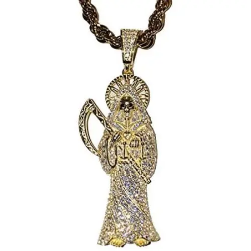 Shop-iGold Men Women 925 Italy Gold Finish Iced Silver Santa Muerte Charm Ice Out Pendant Stainless Steel Real 2 mm Rope Chain Necklace, Mens Jewelry, Iced Pendant, Rope Necklace
