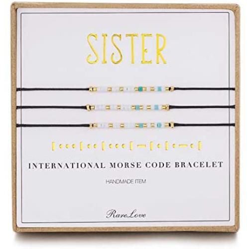 3 Pieces Sisters Morse Code Bracelet Friendship Birthday Best Friends Gift For 3 Women Girls Blue White Tiny Pony Seed Beads Black String Bracelets