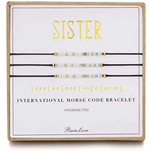 3 Pieces Sisters Morse Code Bracelet Friendship Birthday Best Friends Gift For 3 Women Girls Blue White Tiny Pony Seed Beads Black String Bracelets