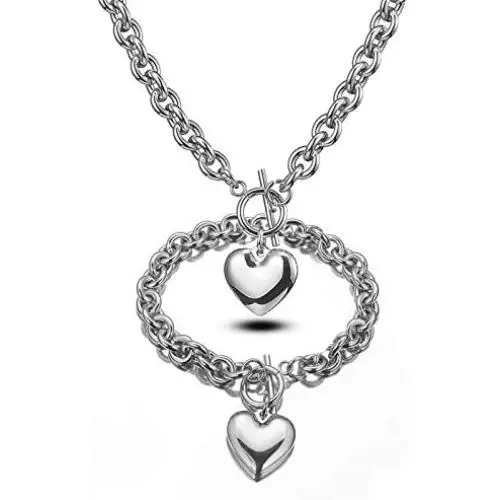 Heart Pendant Necklace Toggle Chain Heart Bracelet Chain Set Stainless Steel Charm Love Heart Jewelry Set Silver Love Heart Shape Pendant Choker Necklace Valentines Gifts for Women Girls Heart Pendant Necklace Toggle Chain Heart Bracelet Chain Set Stainless Steel Charm Love Heart Jewelry Set Silver Love Heart Shape Pendant Choker Necklace Valentines Gifts for Women Girls