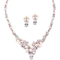 Mariell Cultured Freshwater Pearls & CZ Rose Gold Plated Wedding Necklace and Earrings Set for Brides