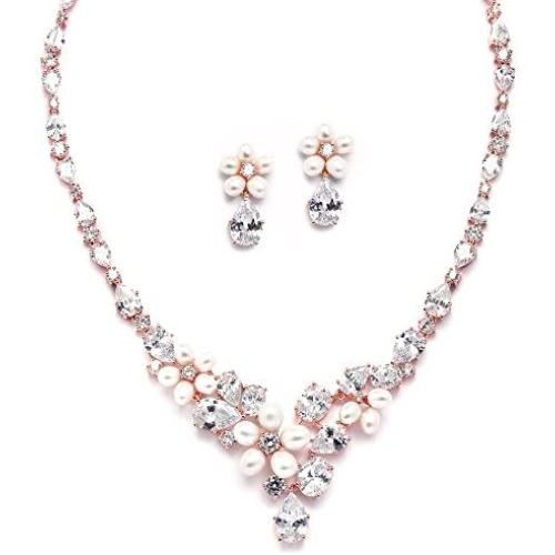 Mariell Cultured Freshwater Pearls & CZ Rose Gold Plated Wedding Necklace and Earrings Set for Brides