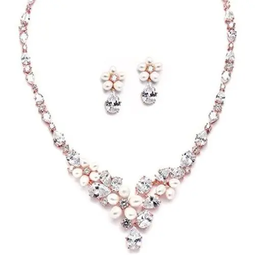 Mariell Cultured Freshwater Pearls & CZ Rose Gold Plated Wedding Necklace and Earrings Set for Brides Mariell Cultured Freshwater Pearls & CZ Rose Gold Plated Wedding Necklace and Earrings Set for Brides