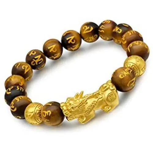 Angushiny 12mm Feng Shui Black Obsidian Wealth Bracelet Multicolour Options Natural Tiger Eye Agate Crystal Handmade Beaded Bracelets Pixiu Attract Wealth Power for Men
