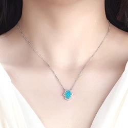 Kaletine Hamsa Hand of Fatima Pendant Necklace Sterling Silver 925 Synthetic Opal Cable Chain 16''+2'' Extender