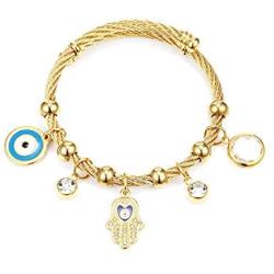 XUN Zhe Stainless Steel Egyptian Eye Fatima Hamsa Hand Pendant Bracelet Charm Cubic Zirconia Evil Eye Bracelets Protection Lucky Jewelry for Women Girls