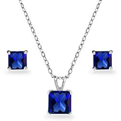 Sterling Silver Created or Simulated Gemstone Square Solitaire Necklace and Stud Earrings Set