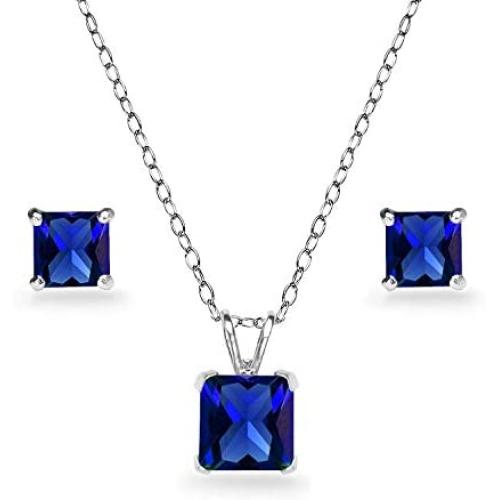 Sterling Silver Created or Simulated Gemstone Square Solitaire Necklace and Stud Earrings Set