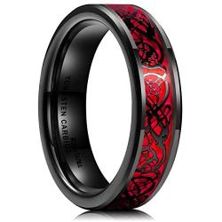 King Will DRAGON Mens 8mm Red Carbon Fiber Black Celtic Dragon Tungsten Carbide Ring Comfort Fit Wedding Band