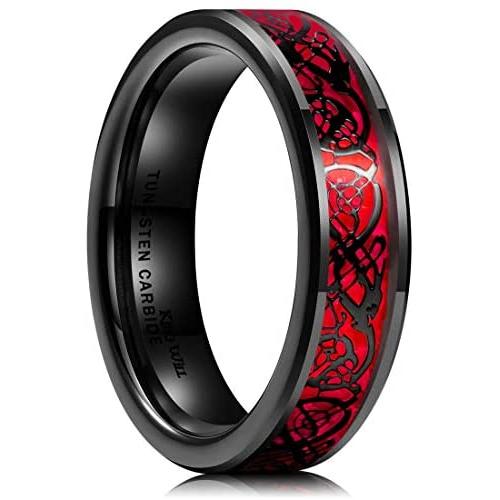 King Will DRAGON Mens 8mm Red Carbon Fiber Black Celtic Dragon Tungsten Carbide Ring Comfort Fit Wedding Band