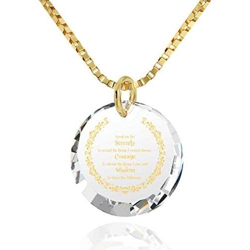 NanoStyle Serenity Prayer Necklace Inspirational Pendant Inscribed in 24k Gold on Round CZ, 18'' Gold Filled Chain