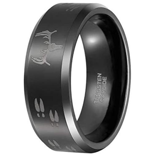 TRUMIUM 8mm Black Etched Deer Head Tungsten Carbide Wedding Band Mens Hunting Ring Size 6-15