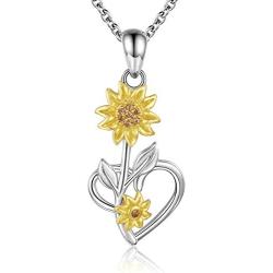 Sunflower Necklace You are My Sunshine - 925 Sterling Silver Heart Sun Flower Daisy Pendant Neckalce Jewelry Gift for Women Girl Wife Daughter Sister
