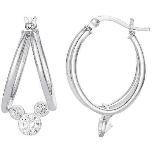 Disney Mickey Mouse Captured Hoop Earrings; Sterling Silver Cubic Zirconia Jewelry for Women;