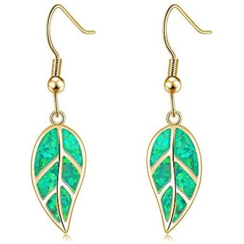 CiNily Opal Leaf Dangle Earrings-Created Fire Opal 18K Gold Plated Drop Earrings for Women Jewelry Gemstone Dangle Earrings 1 5/8''