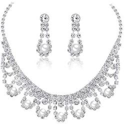 PLMM Collection Drop Pearls Necklace Earrings Set Rhinestones Elegant Classic Wedding Bridesmaid Bride Bridal