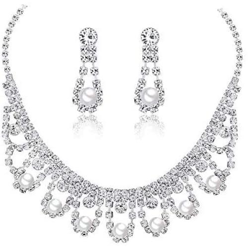 PLMM Collection Drop Pearls Necklace Earrings Set Rhinestones Elegant Classic Wedding Bridesmaid Bride Bridal