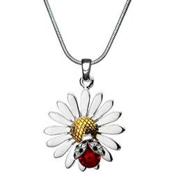 DianaL Boutique Beautiful Silvertone Daisy Flower Ladybug Pendant Necklace 17'' Chain Gift Boxed Fashion Jewelry