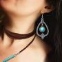 Bohemian Turquoise Pendant Long Choker Suede Choker Necklace with Vintage Turquoise Statement Dangle Earrings for Women