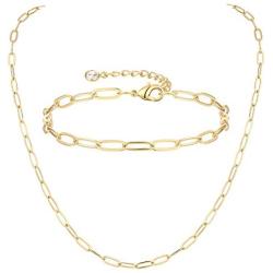 YANODA Chain Necklace Bracelets Set for Women Men 14K Gold Plated Dainty Oval Figaro Mariner Beaded Paperclip Chain Link Necklace Gifts for Women