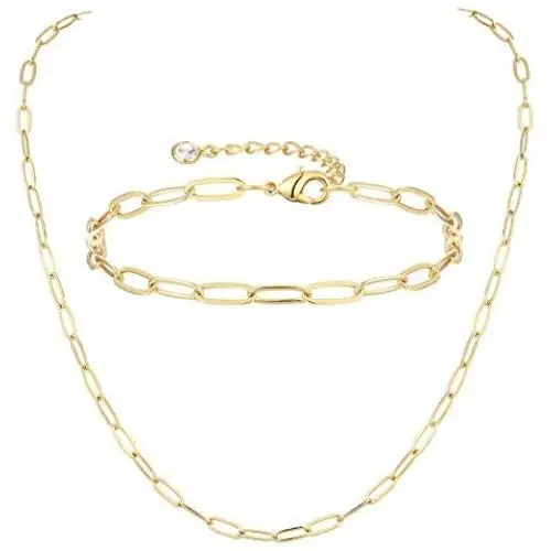 YANODA Chain Necklace Bracelets Set for Women Men 14K Gold Plated Dainty Oval Figaro Mariner Beaded Paperclip Chain Link Necklace Gifts for Women