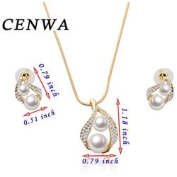 CENWA Water Drop Earring Necklace Set Water Drop Pearl Golden Zirconia Jewelry Bride Wedding Jewelry Maid of Honor Bridesmaid Wedding Gift