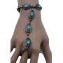 TFJ Women Fashion Jewelry Hand Chain Metal Bracelet Slave Ring Turquoise Blue Ethnic Antique Silver