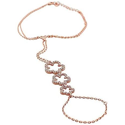 925 Sterling Silver Flower Clover White CZ Hand Jewelry Ring Link Chain Bracelet