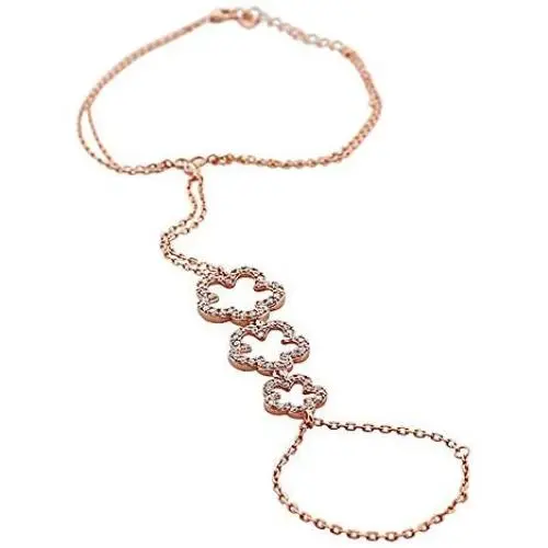 925 Sterling Silver Flower Clover White CZ Hand Jewelry Ring Link Chain Bracelet 925 Sterling Silver Flower Clover White CZ Hand Jewelry Ring Link Chain Bracelet
