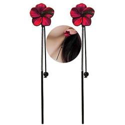 Trendy Red Green Poppy Flower Black Long Line Bar Tassel Earrings for Women Charm Drop Dangle Earring Jewelry (Red)