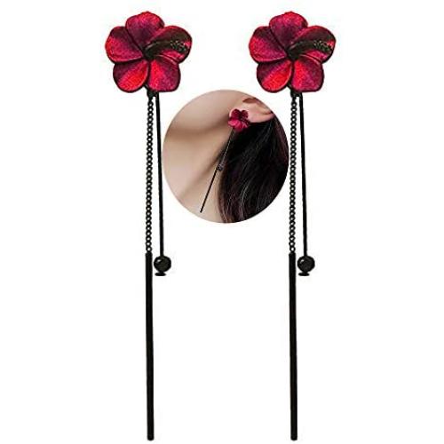 Trendy Red Green Poppy Flower Black Long Line Bar Tassel Earrings for Women Charm Drop Dangle Earring Jewelry (Red)