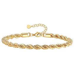 Gold Bracelets for Women, 14K Gold Plated Adjustable Dainty Layered Paperclip Chunky Figaro Herringbone Ball Rope Rectangle Cuban Link Chain Bracelet Gold Chain Bracelets for Women Girls Jewelry Gifts