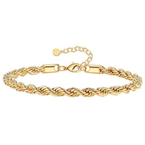 Gold Bracelets for Women, 14K Gold Plated Adjustable Dainty Layered Paperclip Chunky Figaro Herringbone Ball Rope Rectangle Cuban Link Chain Bracelet Gold Chain Bracelets for Women Girls Jewelry Gifts