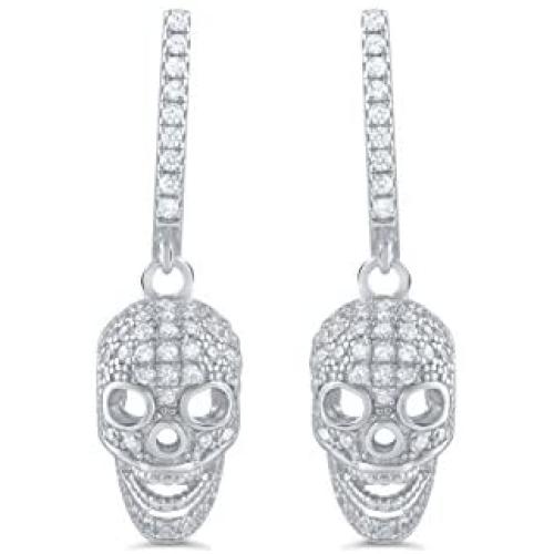 Sterling Silver Cz Skull Dangle Earrings - 23mm