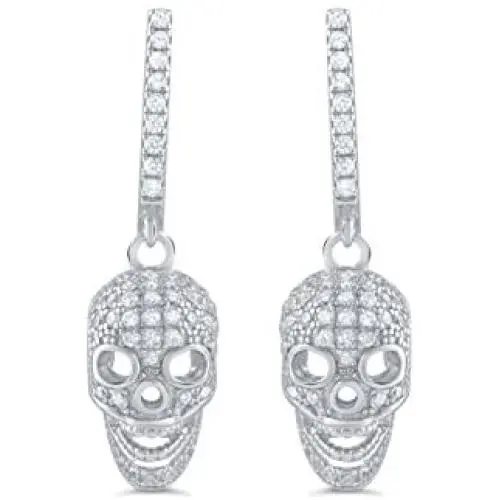 Sterling Silver Cz Skull Dangle Earrings - 23mm Sterling Silver Cz Skull Dangle Earrings - 23mm