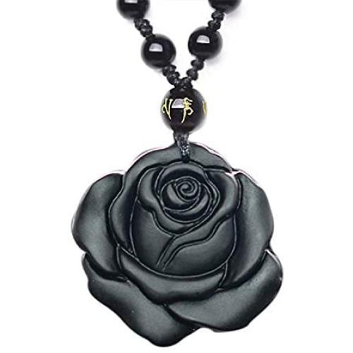 QIANXU Obsidian Pendant Necklace Black Rose Pendant Womens Jewelry Black Jewelry