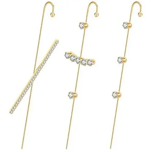 Ear Wrap Earrings - Elegant Crystal Craved Gold-tone Crawler Hook Earrings Classic Rhinestone Piercing Ear Cuff for Women Girls Wedding Delicate Wire Needle Studs Earrings