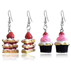 DAMLENG 2 Pairs Unique Handmade Simulation Strawberry Layer Cake Dessert Dangle Drop Earrings Set for Women Girls Teens funny Creative Ice Cream Food Jewelry Gifts