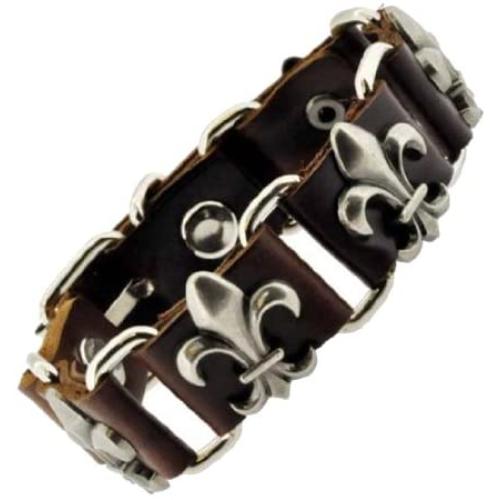 Mandala Crafts Fleur De Lis Saints Charm Brown Leather Cord Strap Buckle Bracelet