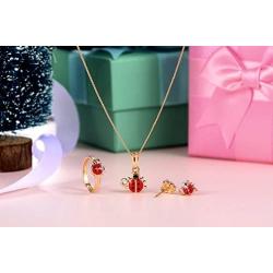 Ladybug Pendant Necklace for Advent Gift, Charms Christmas Gift 14k Gold-Filled Red and Black Ladybug Pendant Necklace Rings Set Jewelry For Kids,18” (ladybug)