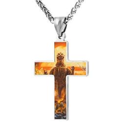 Mens Zinc Alloy King of The Monsters Godzilla Cross Necklace Prayer Cross Pendant Jewelry Cross Necklace for Women Teen Boys