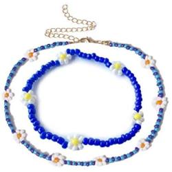 2 Pcs Lightweight Boho Beadeds Necklaces Bracelets Set Delicate White Petals Yellow Flower Core Necklaces Bracelets for Women Girls Jewelry(Dark Blue)