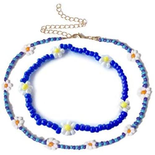 2 Pcs Lightweight Boho Beadeds Necklaces Bracelets Set Delicate White Petals Yellow Flower Core Necklaces Bracelets for Women Girls Jewelry(Dark Blue)
