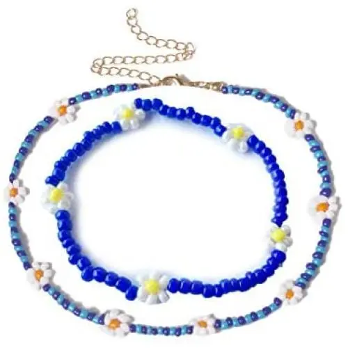 2 Pcs Lightweight Boho Beadeds Necklaces Bracelets Set Delicate White Petals Yellow Flower Core Necklaces Bracelets for Women Girls Jewelry(Dark Blue)