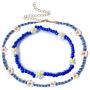 2 Pcs Lightweight Boho Beadeds Necklaces Bracelets Set Delicate White Petals Yellow Flower Core Necklaces Bracelets for Women Girls Jewelry(Dark Blue)