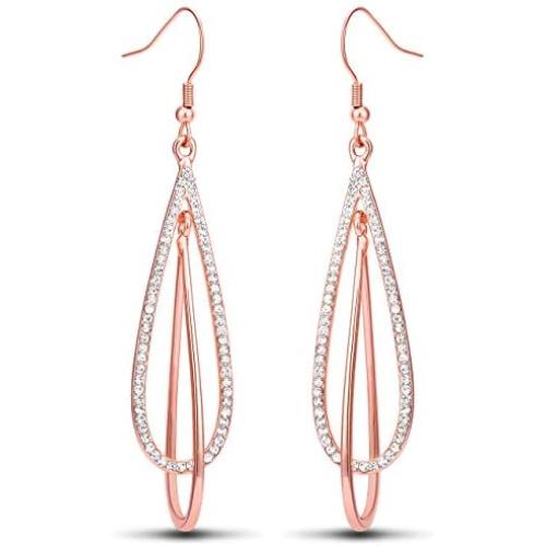 Viennois Teardrop Dangle Earrings for Women Crystal Drop Dangling Earring Rhinestone Double Oval Twist Girls Wedding Gifts (Rose Gold)