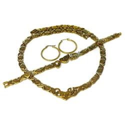 SPARKLE XOXO Gold Tone I Love You Hugs and Kisses Stainless Steel Stampato Necklace Bracelet Earrings Set Gold Tone 18 Inches Length Round Hoops