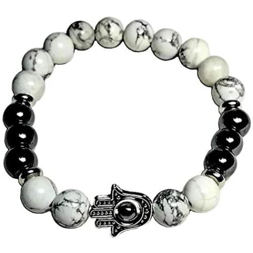 Hamsa Hand Bracelet, Talisman Fatima Hand, Natural Howlite Beads, Bracelet Beads Jewelry, Evil eye Hamsa Hand