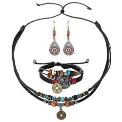 Hanpabum Womens Jewelry Set Vintage Drop Dangle Earring Beaded Woven Cuff Bracelet Ethnic Tribal Necklace Special Accessory